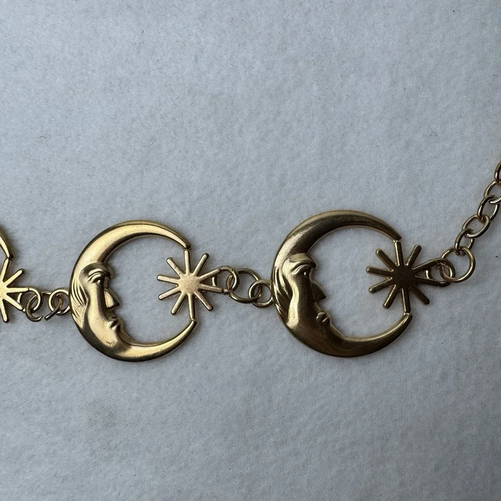 Gold Tone Celestial Crescent Moon Face Star Chain Belt Sun Charm One Size 42.5